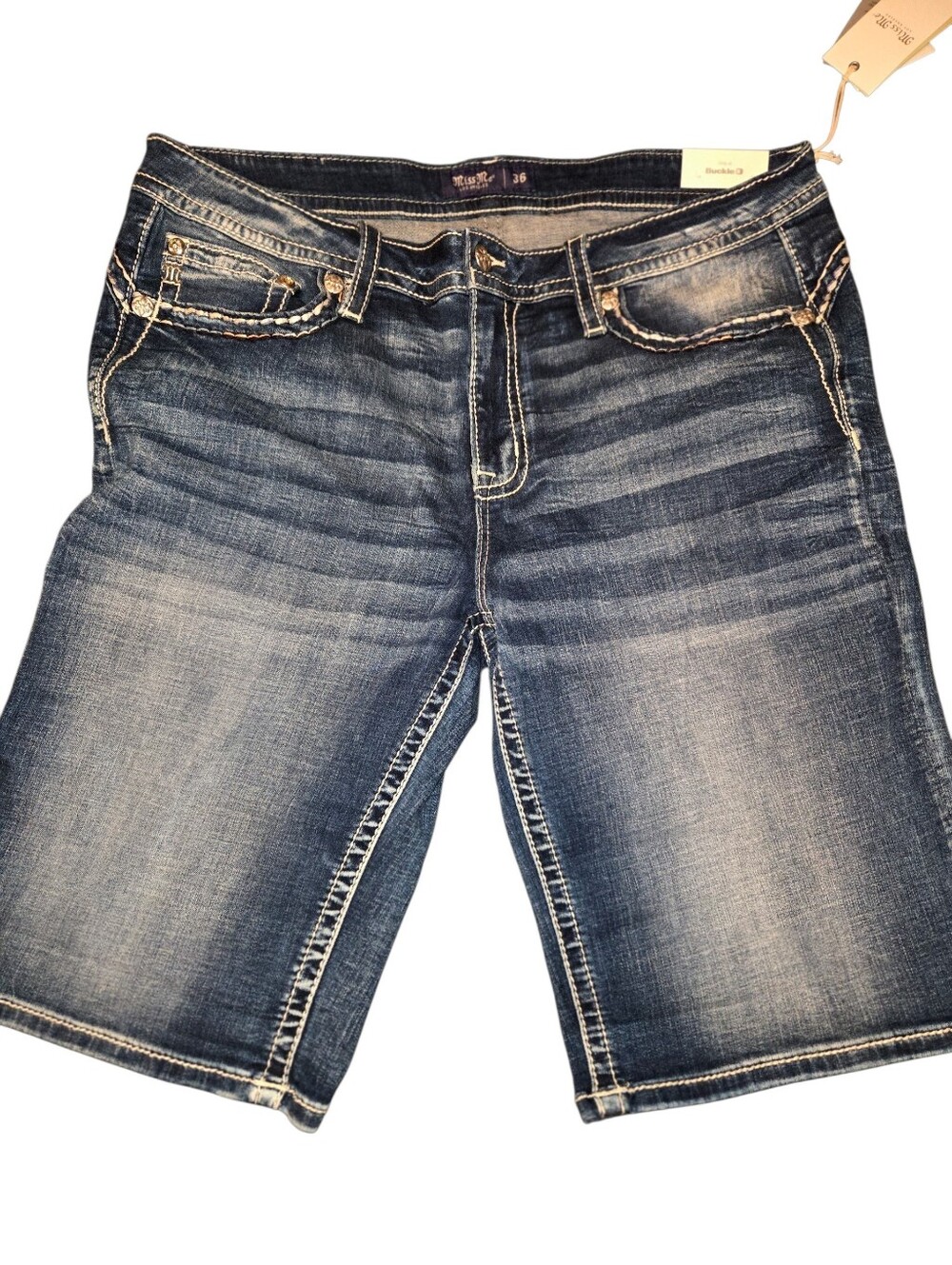 Miss Me Women's Blue Distressed  Bling Denim Bermuda Shorts NWT Size 36